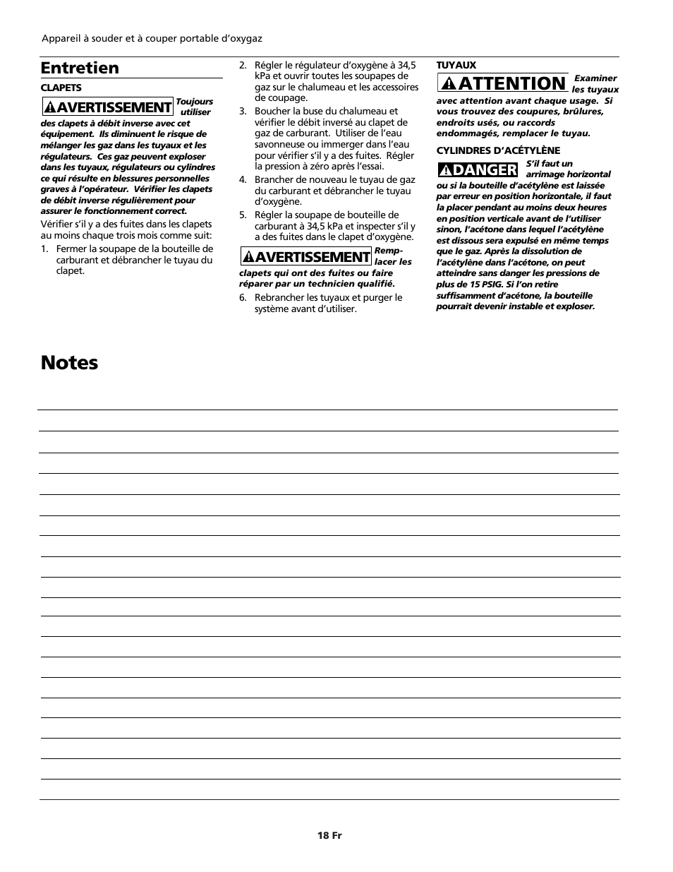 Attention, Entretien, Danger | Avertissement | Campbell Hausfeld PORTABLE OXY-FUEL WT5000 User Manual | Page 18 / 32