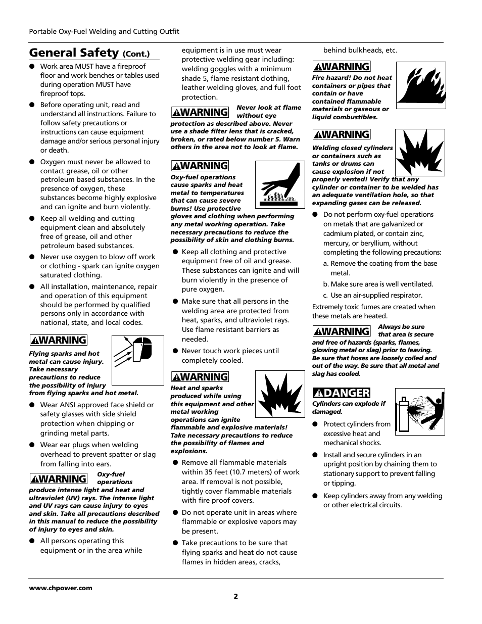 General safety, Danger, Warning | Campbell Hausfeld PORTABLE OXY-FUEL WT5000 User Manual | Page 2 / 32