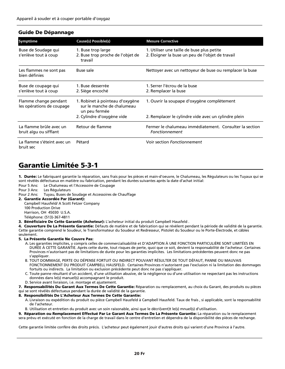 Garantie limitée 5-3-1, Guide de dépannage | Campbell Hausfeld PORTABLE OXY-FUEL WT5000 User Manual | Page 20 / 32