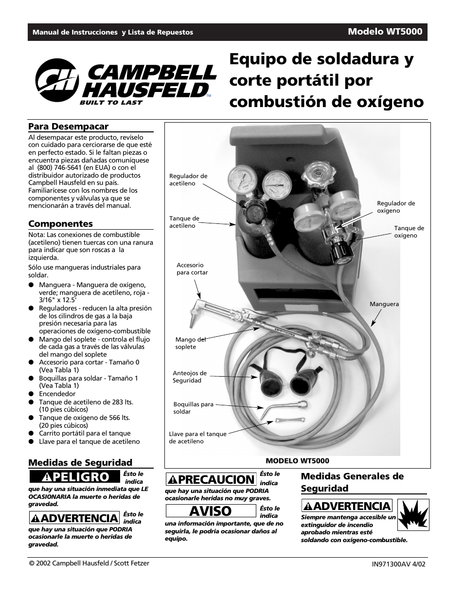 Aviso, Peligro, Precaucion | Advertencia | Campbell Hausfeld PORTABLE OXY-FUEL WT5000 User Manual | Page 22 / 32