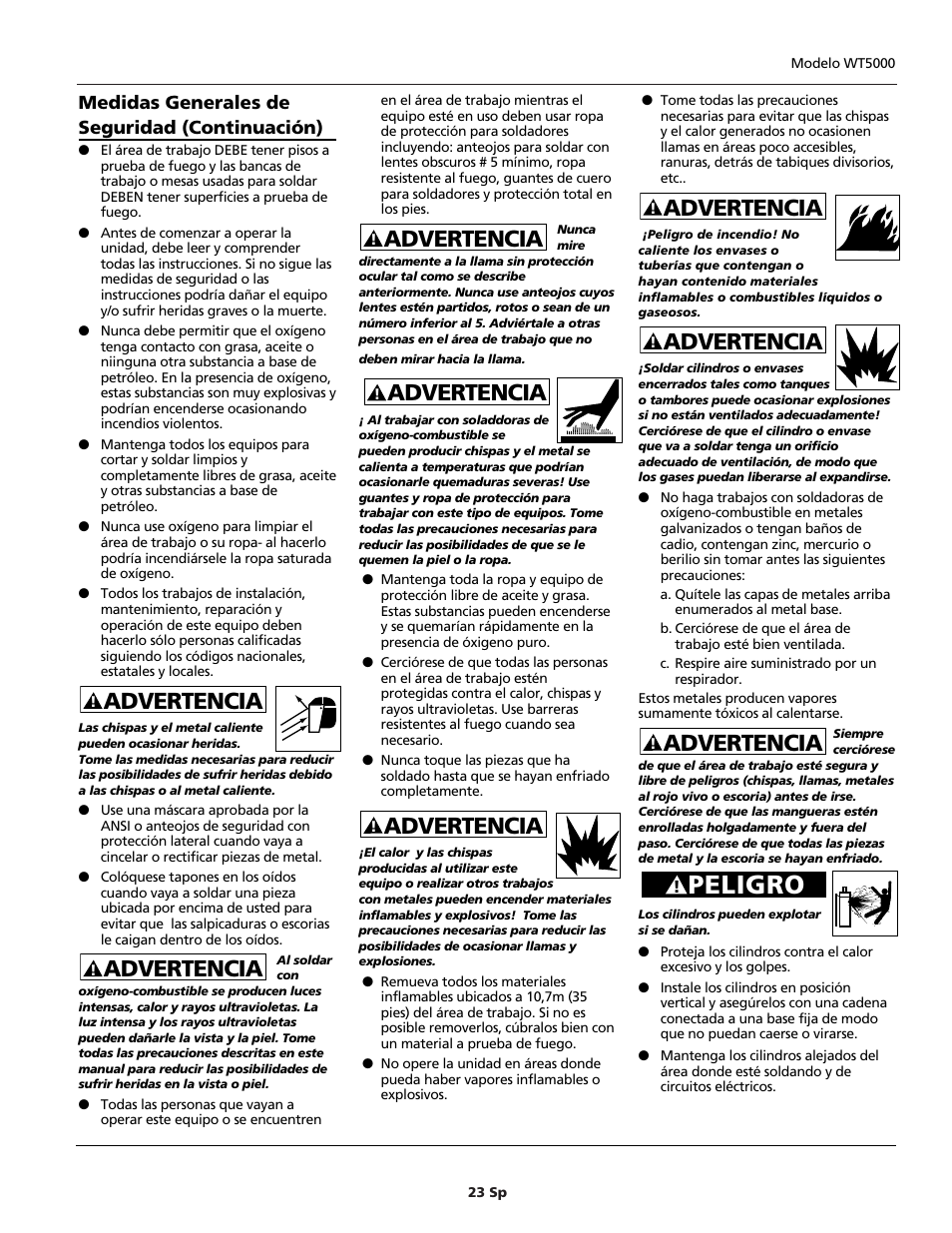 Peligro, Advertencia | Campbell Hausfeld PORTABLE OXY-FUEL WT5000 User Manual | Page 23 / 32