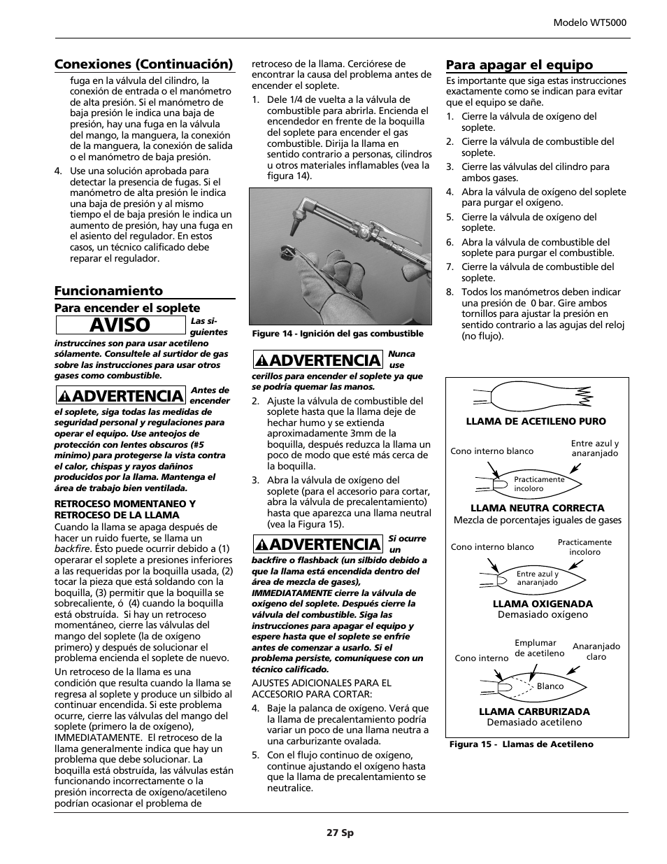 Aviso, Advertencia, Conexiones (continuación) | Funcionamiento, Para apagar el equipo | Campbell Hausfeld PORTABLE OXY-FUEL WT5000 User Manual | Page 27 / 32
