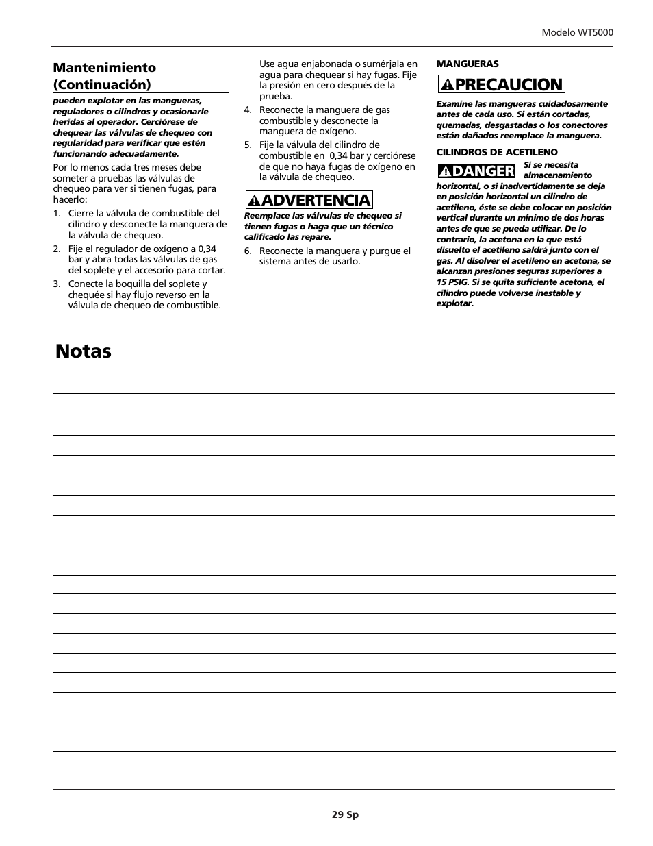 Notas, Precaucion, Advertencia | Danger | Campbell Hausfeld PORTABLE OXY-FUEL WT5000 User Manual | Page 29 / 32