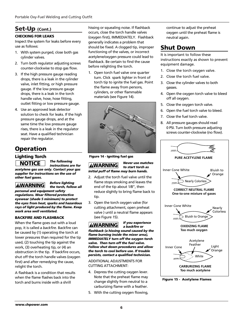 Set-up, Operation, Shut down | Notice, Warning | Campbell Hausfeld PORTABLE OXY-FUEL WT5000 User Manual | Page 6 / 32