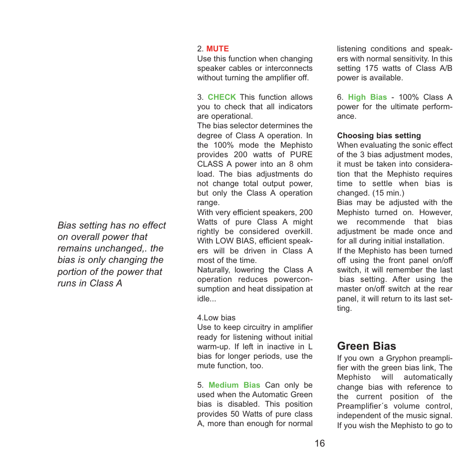 Green bias | Gryphon Mephisto Solo User Manual | Page 16 / 20