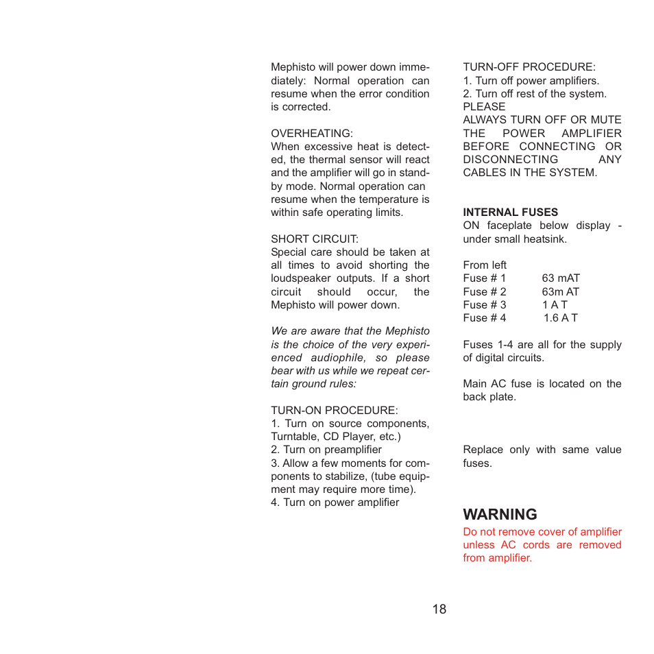 Warning | Gryphon Mephisto Solo User Manual | Page 18 / 20