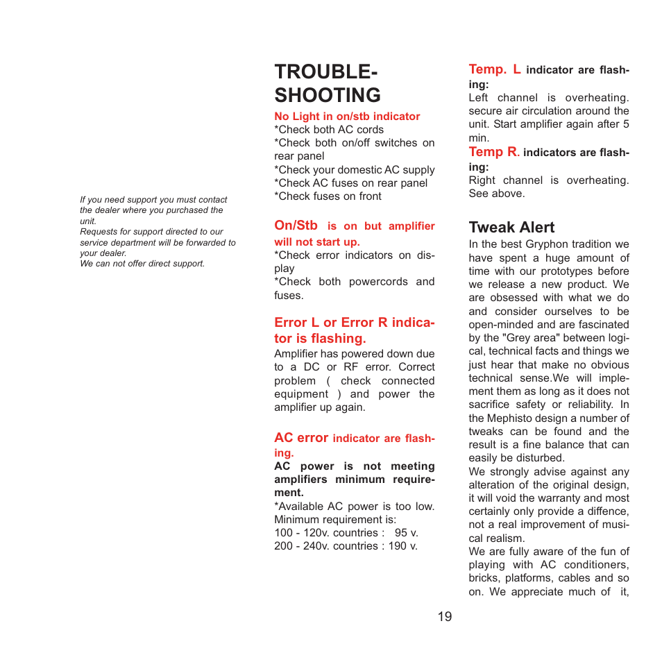 Trouble- shooting, Tweak alert | Gryphon Mephisto Solo User Manual | Page 19 / 20