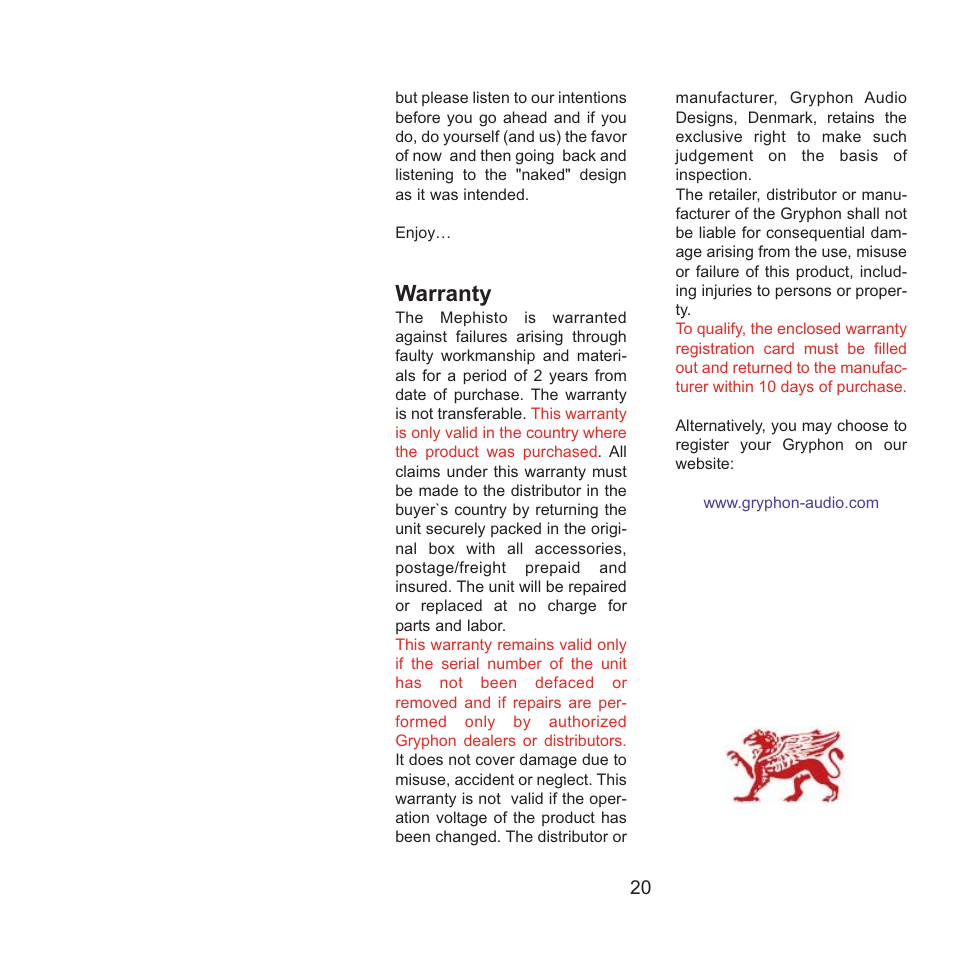 Warranty | Gryphon Mephisto Solo User Manual | Page 20 / 20