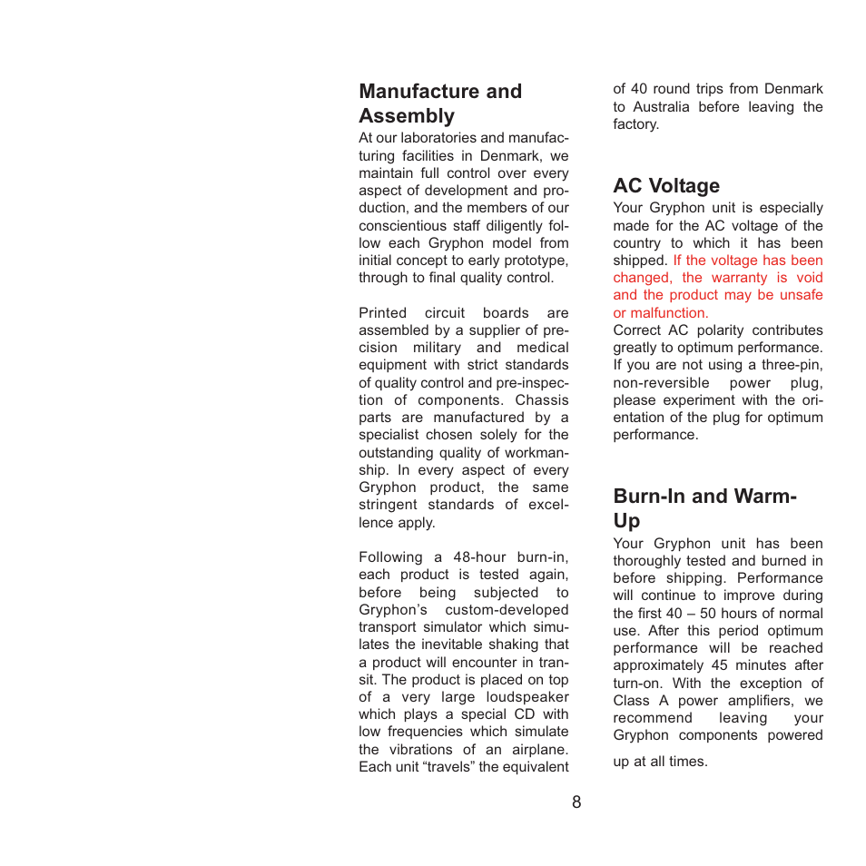 Manufacture and assembly, Ac voltage, Burn-in and warm- up | Gryphon Mephisto Solo User Manual | Page 8 / 20