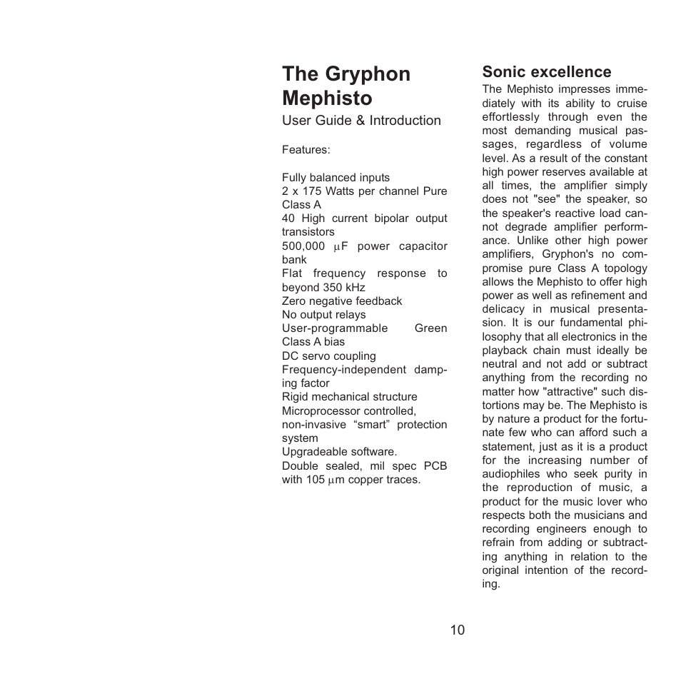 The gryphon mephisto, Sonic excellence | Gryphon Mephisto User Manual | Page 10 / 20