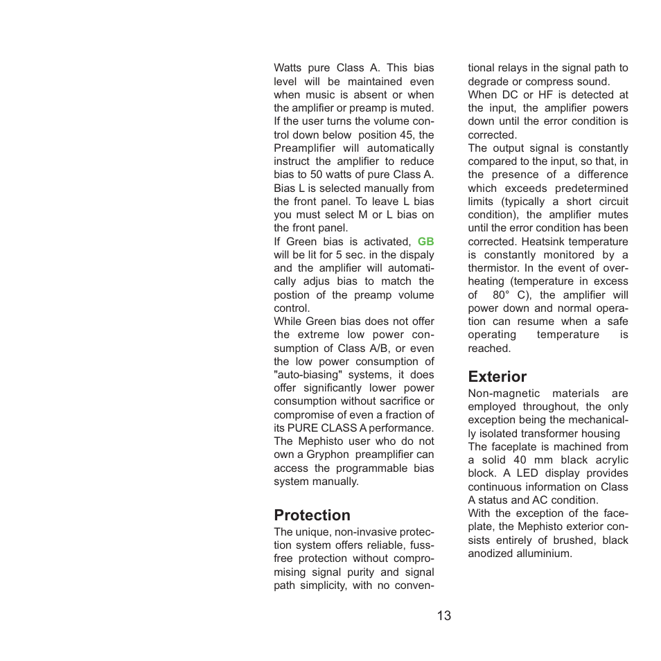 Exterior, Protection | Gryphon Mephisto User Manual | Page 13 / 20