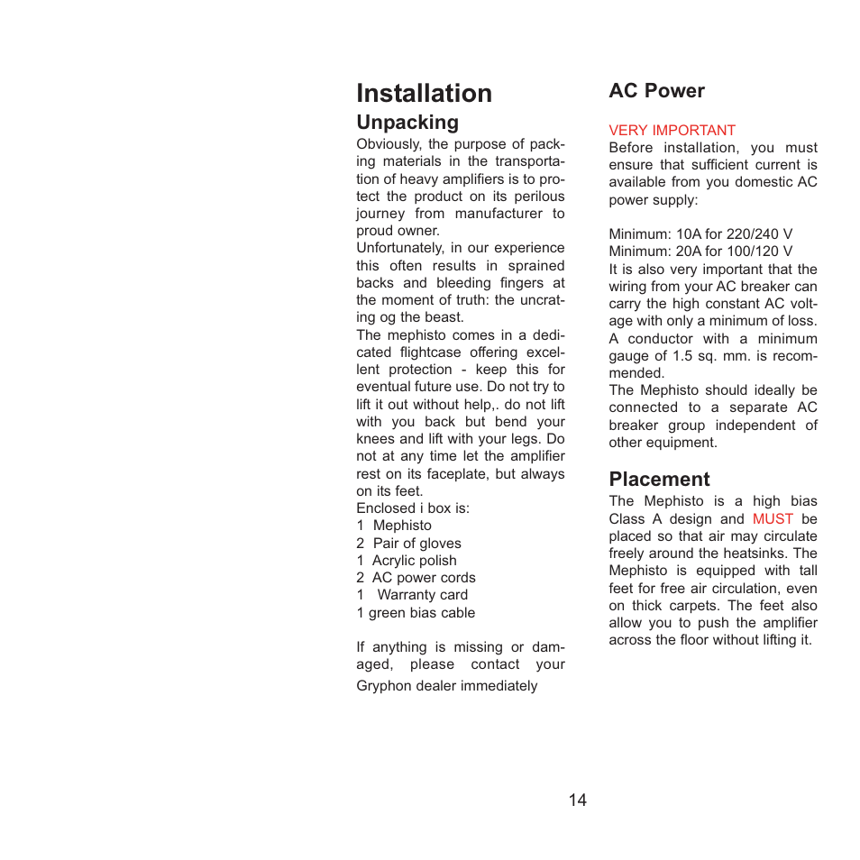 Installation, Unpacking, Ac power | Placement | Gryphon Mephisto User Manual | Page 14 / 20