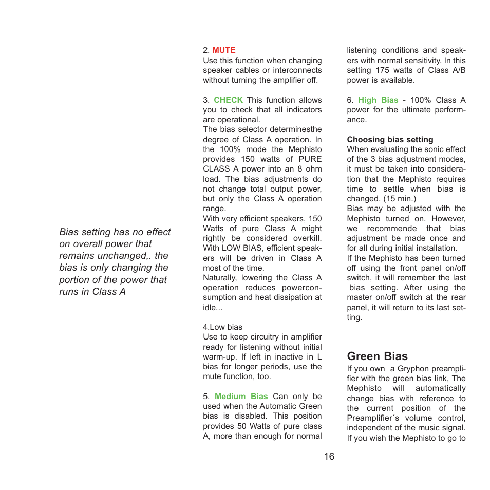 Green bias | Gryphon Mephisto User Manual | Page 16 / 20
