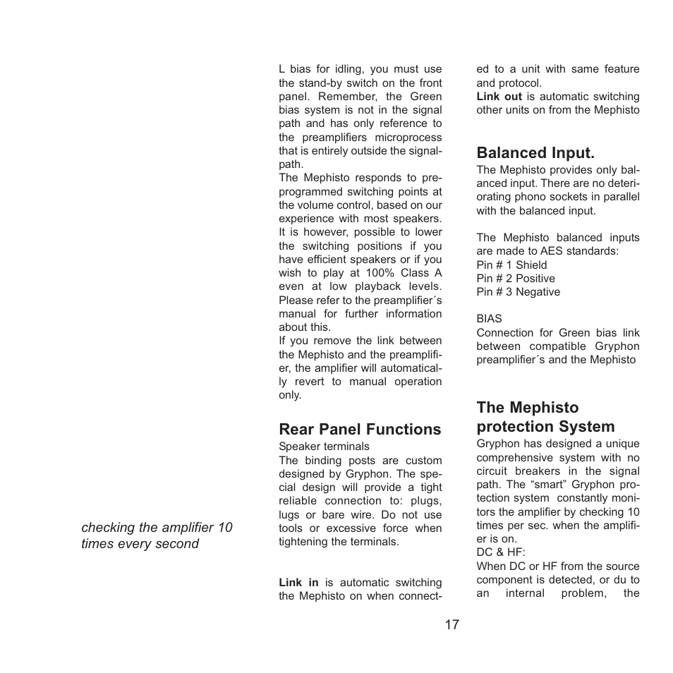 Rear panel functions, Balanced input, The mephisto protection system | Gryphon Mephisto User Manual | Page 17 / 20