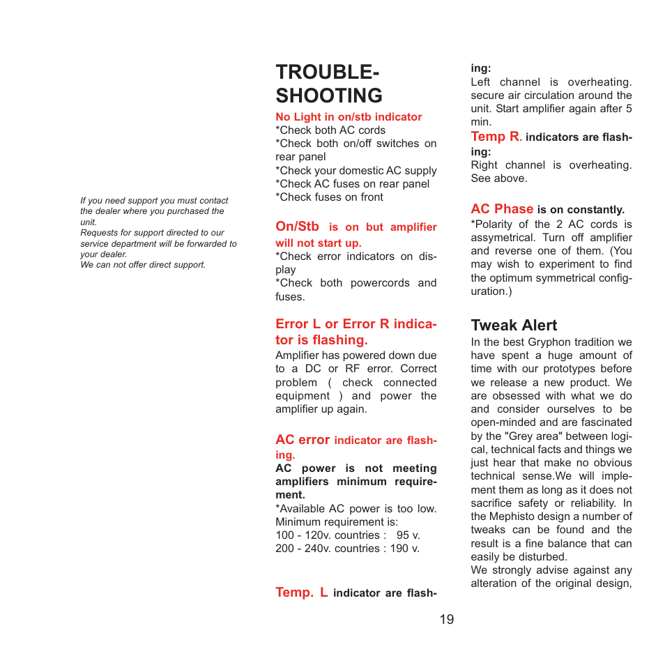 Trouble- shooting, Tweak alert | Gryphon Mephisto User Manual | Page 19 / 20
