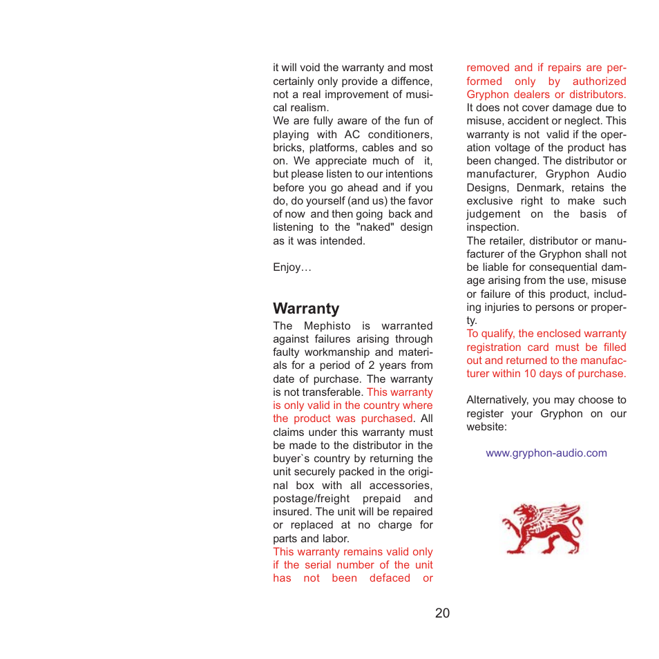 Warranty | Gryphon Mephisto User Manual | Page 20 / 20