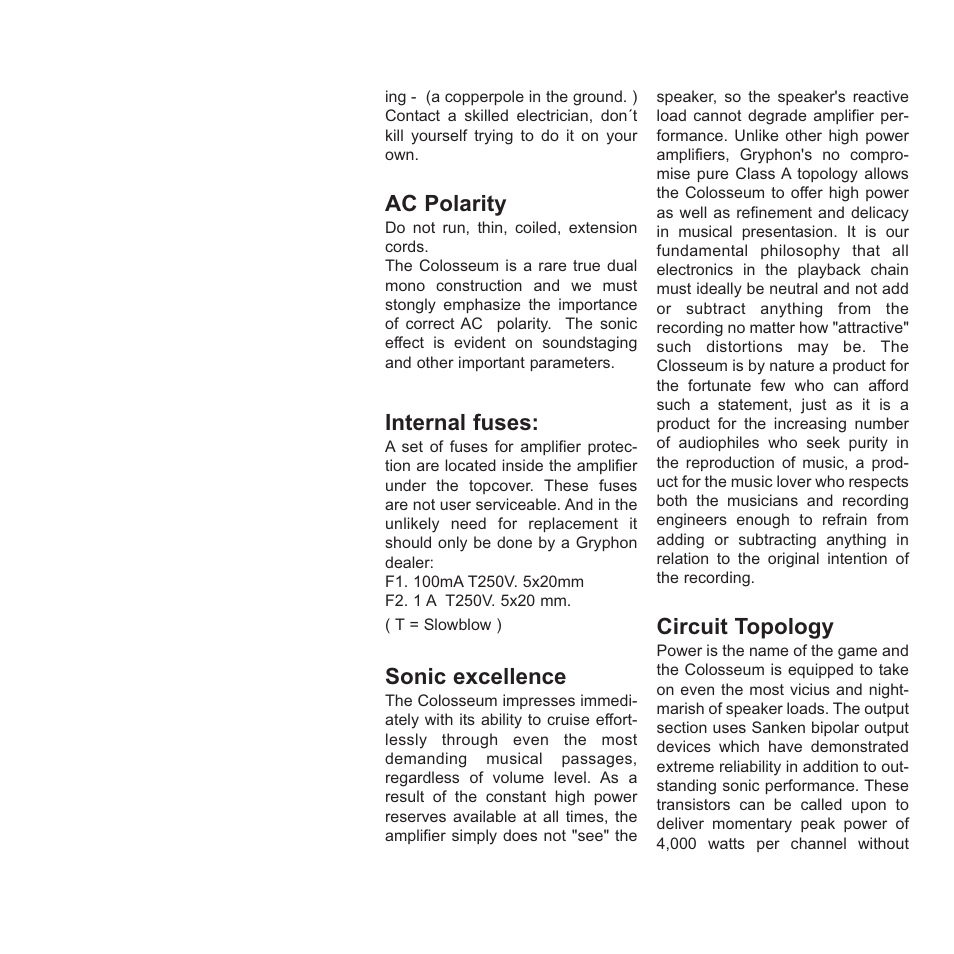 Ac polarity, Internal fuses, Sonic excellence | Circuit topology | Gryphon Colosseum Solo User Manual | Page 11 / 20