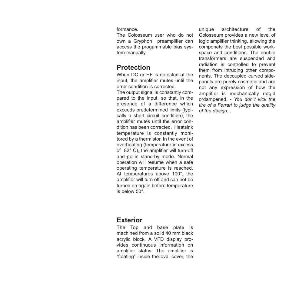 Protection, Exterior | Gryphon Colosseum Solo User Manual | Page 14 / 20