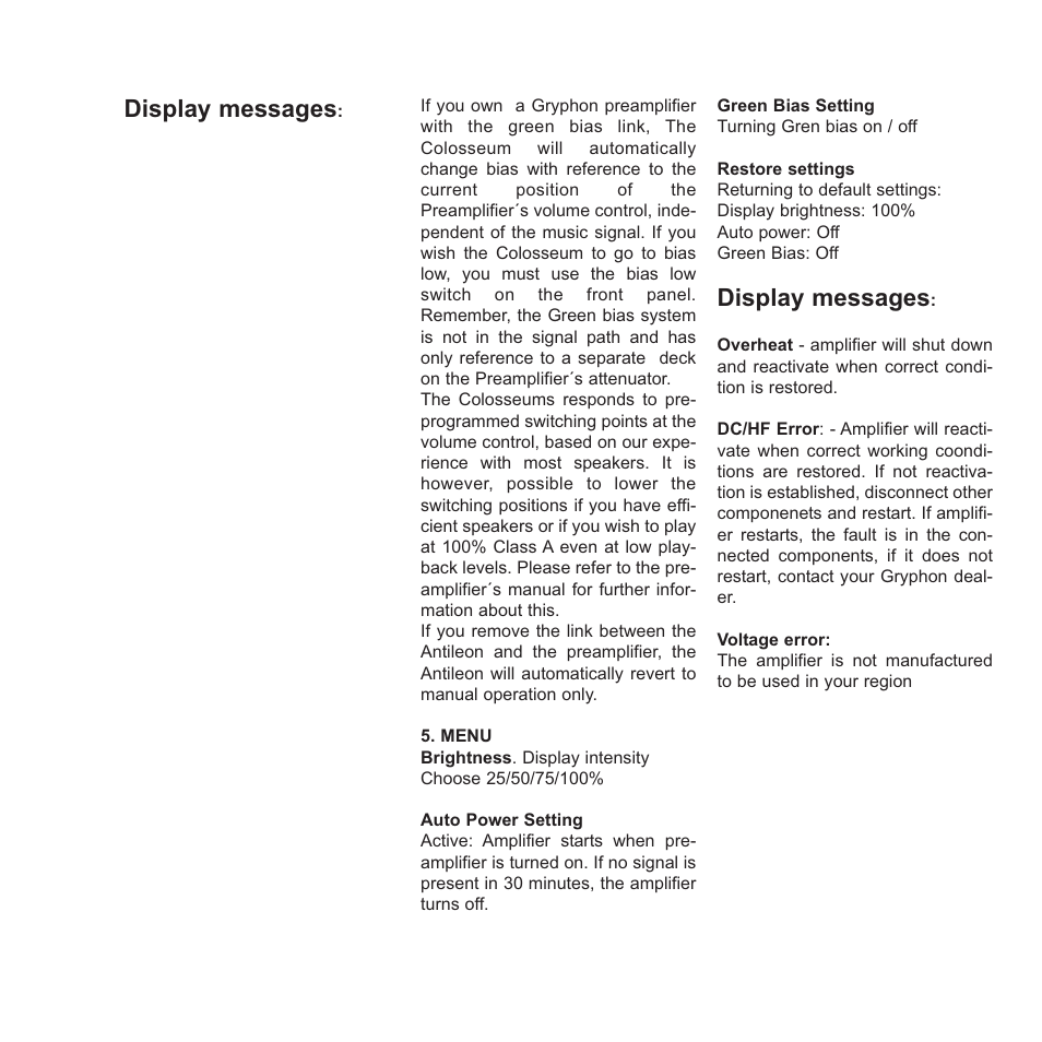 Display messages | Gryphon Colosseum Solo User Manual | Page 16 / 20