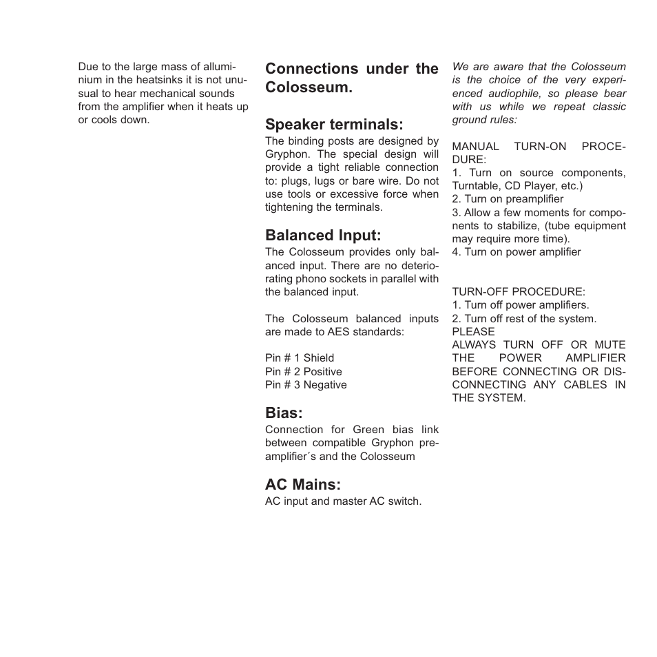 Connections under the colosseum. speaker terminals, Balanced input, Bias | Ac mains | Gryphon Colosseum Solo User Manual | Page 18 / 20