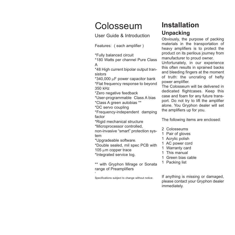 Colosseum, Installation, Unpacking | Gryphon Colosseum Solo User Manual | Page 9 / 20