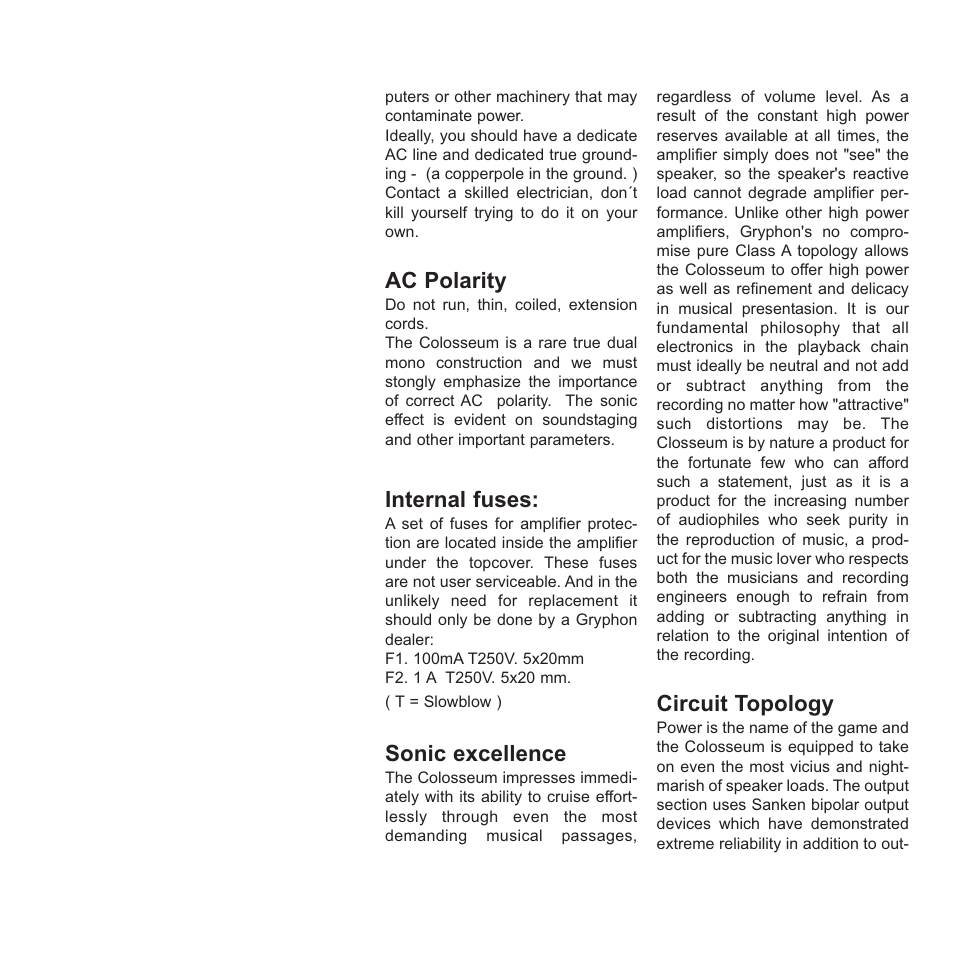 Ac polarity, Internal fuses, Sonic excellence | Circuit topology | Gryphon Colosseum User Manual | Page 11 / 20