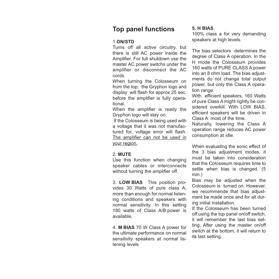 Top panel functions | Gryphon Colosseum User Manual | Page 15 / 20