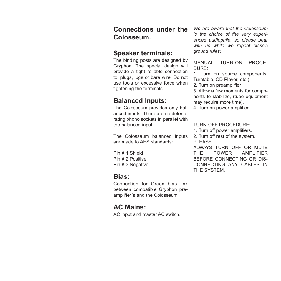 Connections under the colosseum. speaker terminals, Balanced inputs, Bias | Ac mains | Gryphon Colosseum User Manual | Page 18 / 20