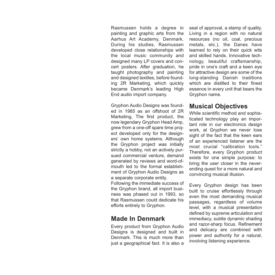 Musical objectives, Made in denmark | Gryphon Colosseum User Manual | Page 3 / 20