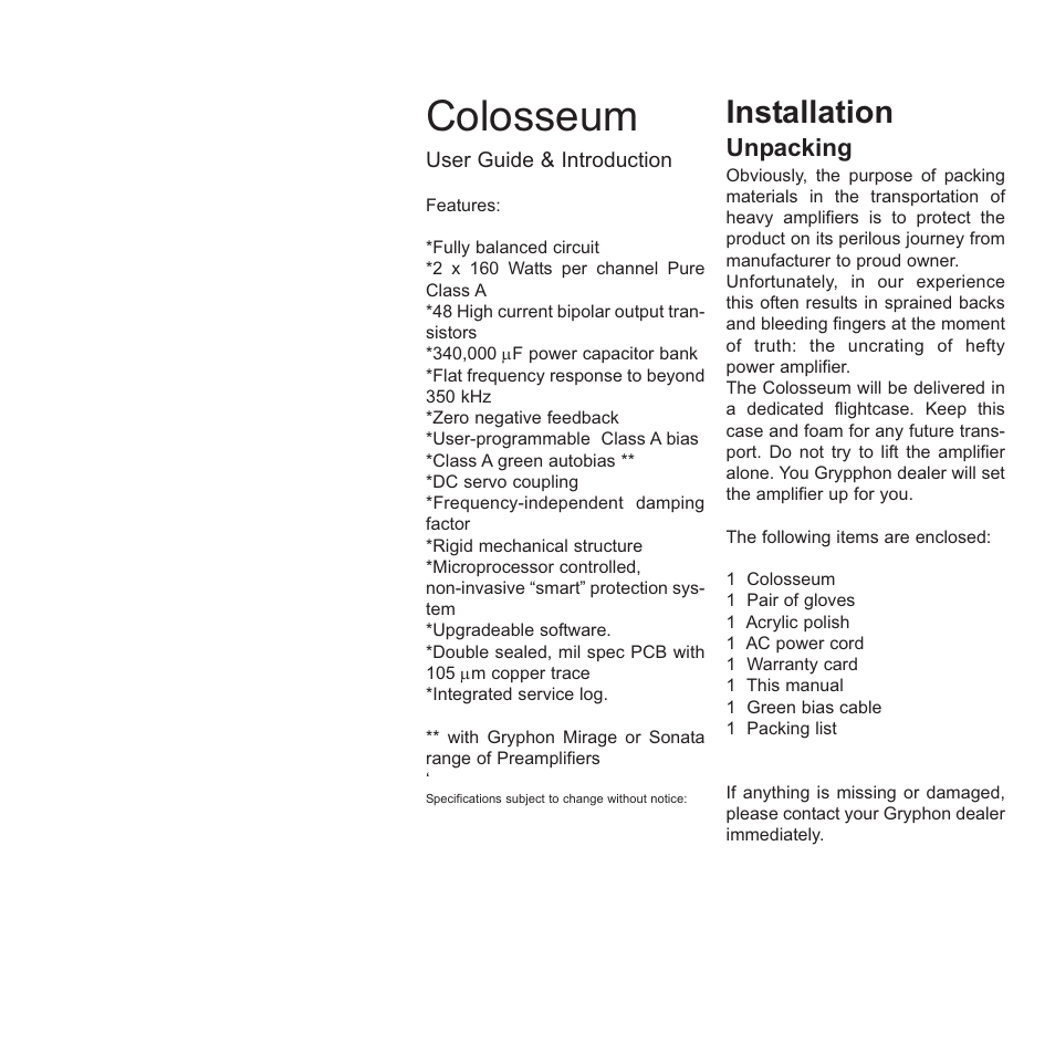 Colosseum, Installation, Unpacking | Gryphon Colosseum User Manual | Page 9 / 20