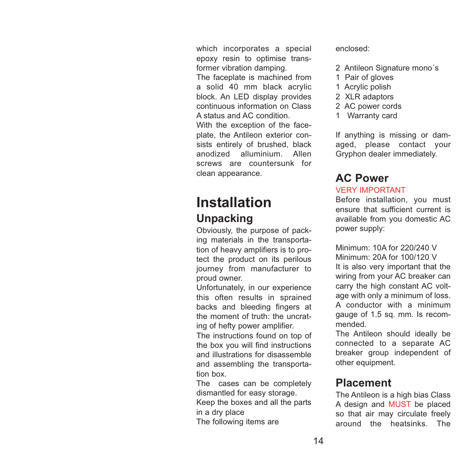 Installation, Unpacking, Ac power | Placement | Gryphon Antileon Signature Mono User Manual | Page 14 / 20