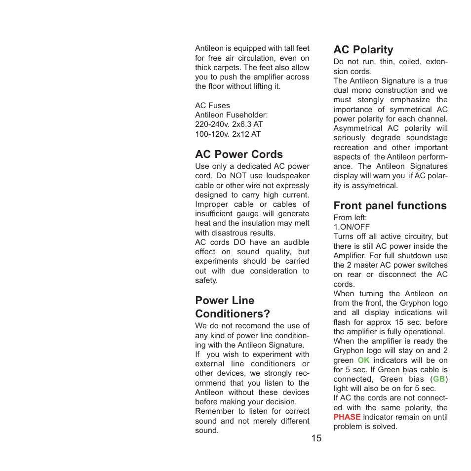 Ac power cords, Power line conditioners, Ac polarity | Front panel functions | Gryphon Antileon Signature Mono User Manual | Page 15 / 20