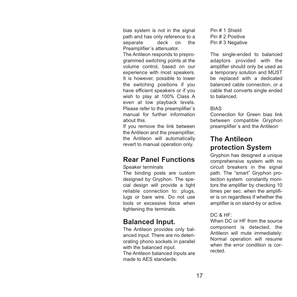 Rear panel functions, Balanced input, The antileon protection system | Gryphon Antileon Signature Mono User Manual | Page 17 / 20