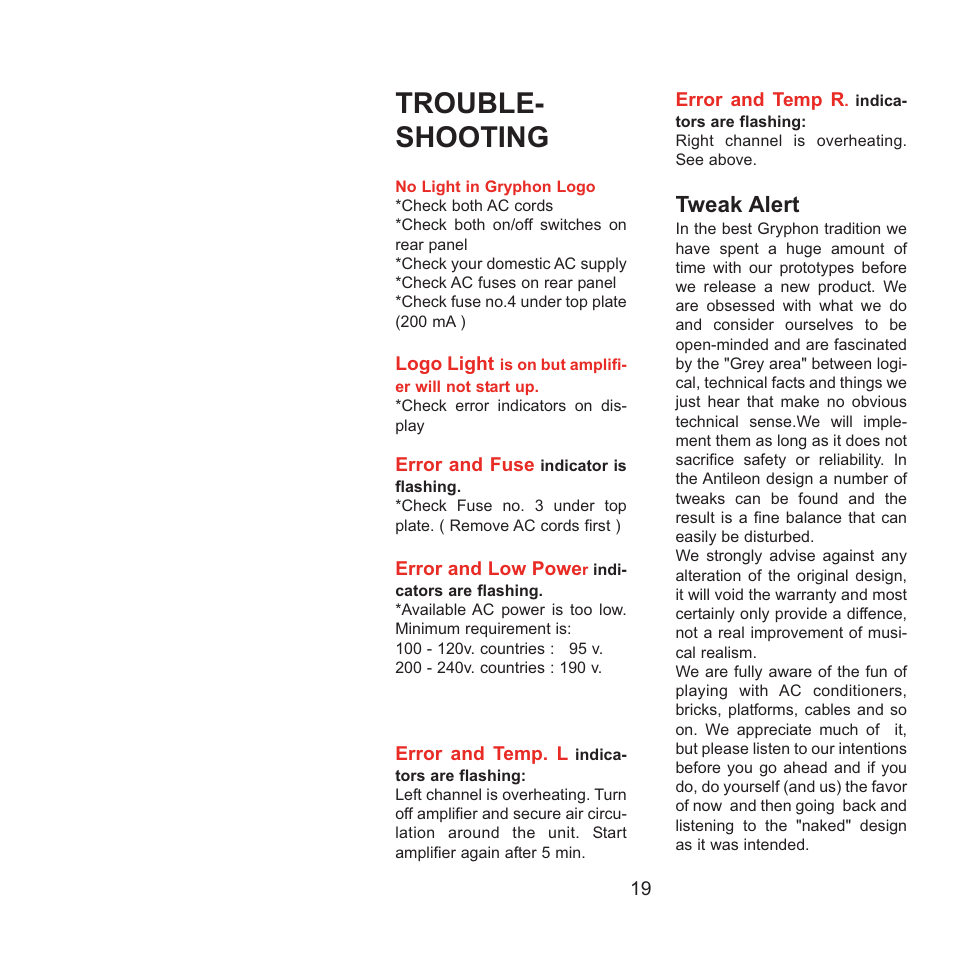 Trouble- shooting, Tweak alert | Gryphon Antileon Signature Mono User Manual | Page 19 / 20