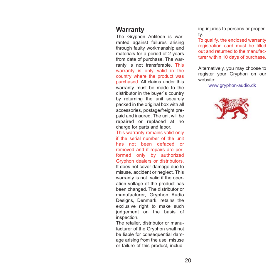 Warranty | Gryphon Antileon Signature Mono User Manual | Page 20 / 20