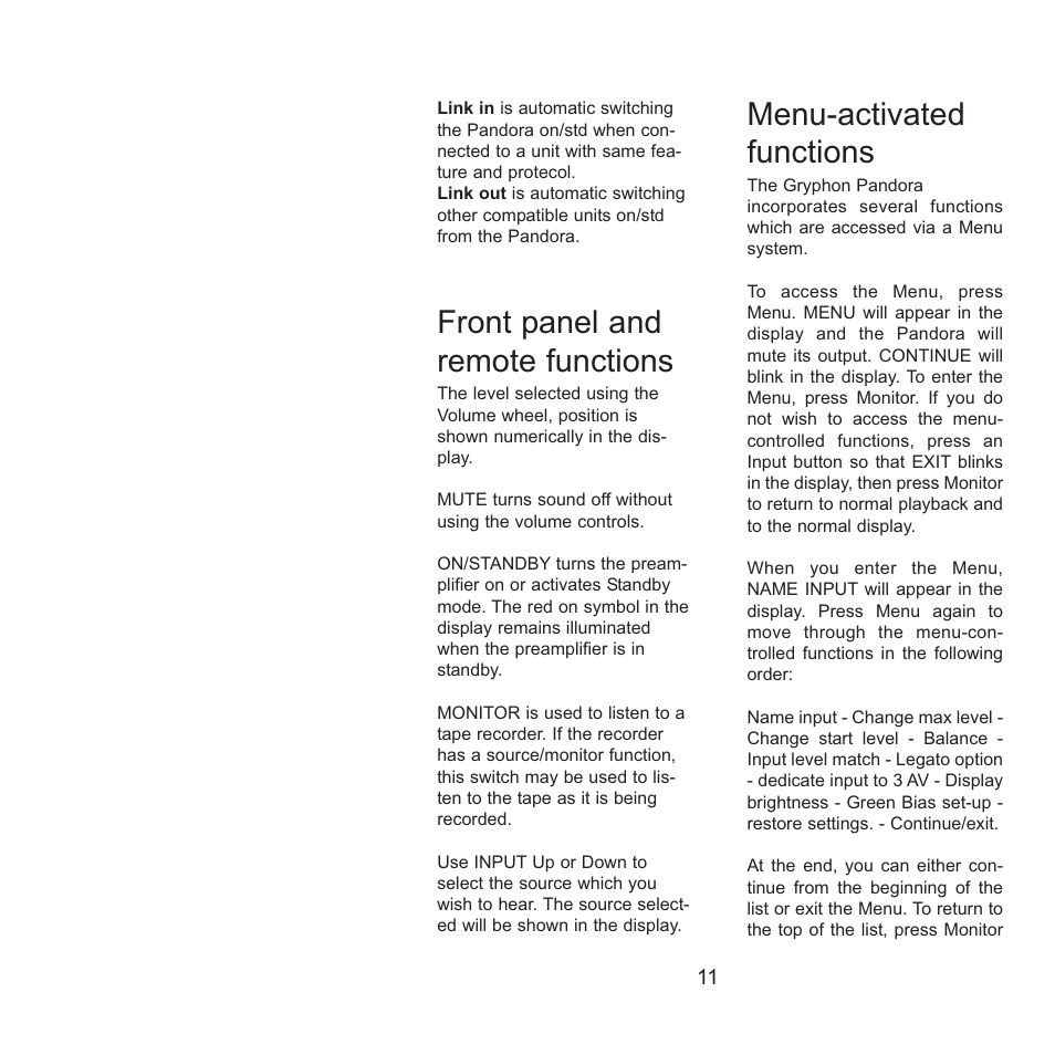 Front panel and remote functions, Menu-activated functions | Gryphon Pandora User Manual | Page 11 / 17