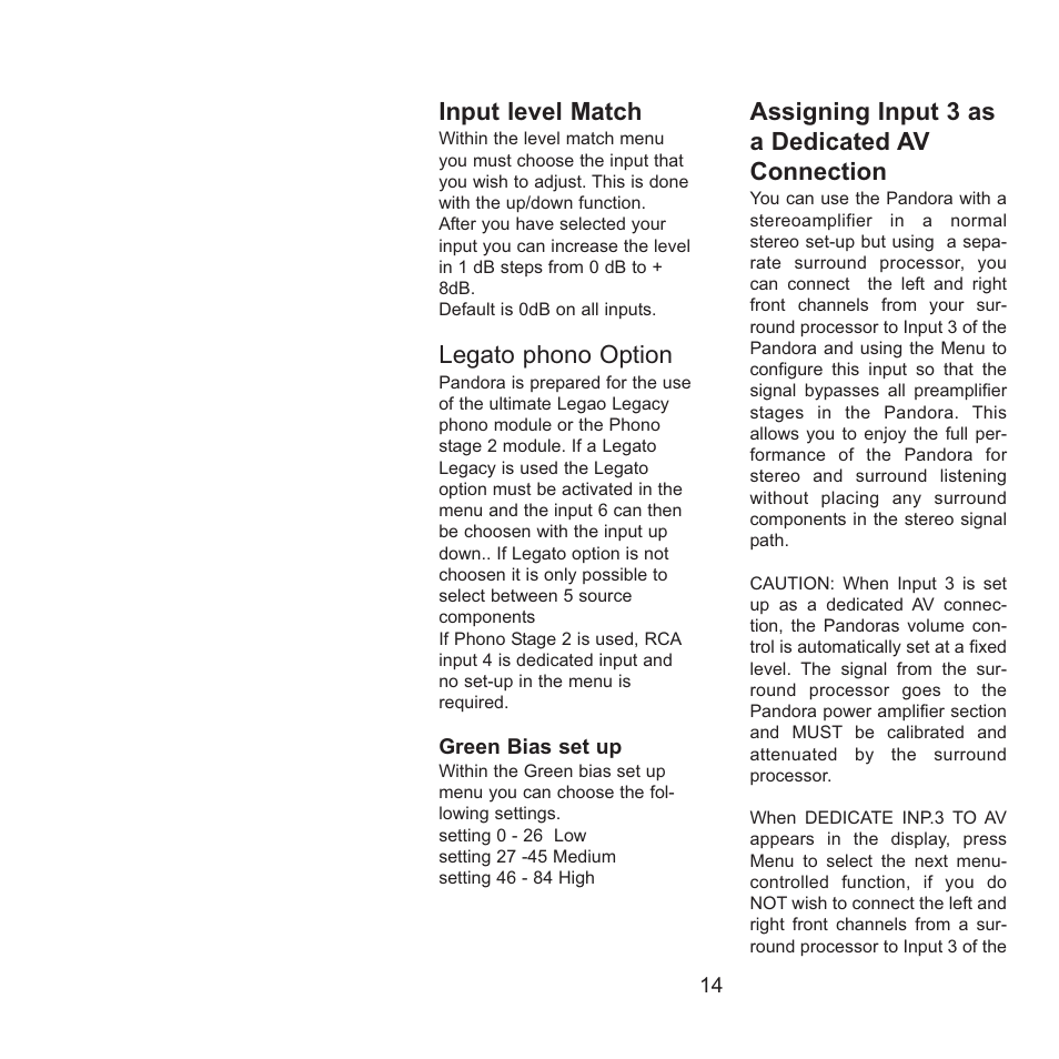 Input level match, Legato phono option, Assigning input 3 as a dedicated av connection | Gryphon Pandora User Manual | Page 14 / 17