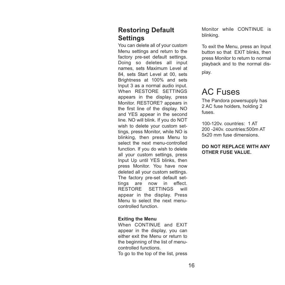 Ac fuses, Restoring default settings | Gryphon Pandora User Manual | Page 16 / 17
