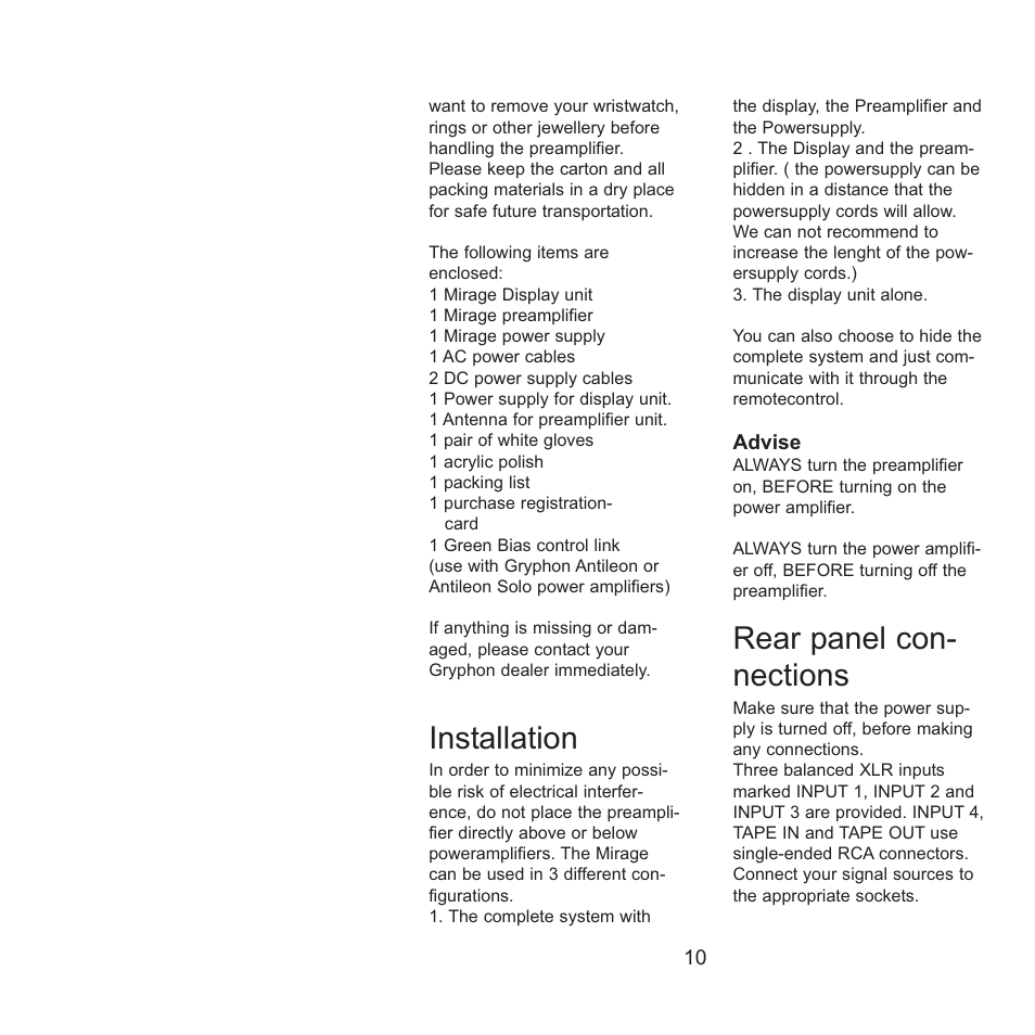 Installation, Rear panel con- nections | Gryphon Mirage User Manual | Page 10 / 18