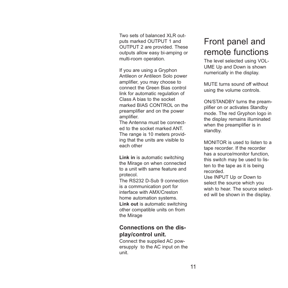 Front panel and remote functions | Gryphon Mirage User Manual | Page 11 / 18