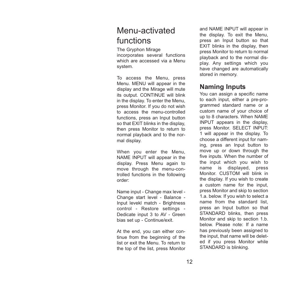 Menu-activated functions, Naming inputs | Gryphon Mirage User Manual | Page 12 / 18