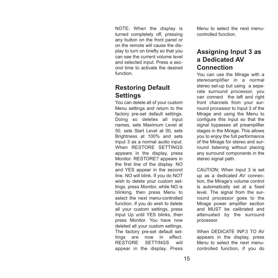 Restoring default settings, Assigning input 3 as a dedicated av connection | Gryphon Mirage User Manual | Page 15 / 18