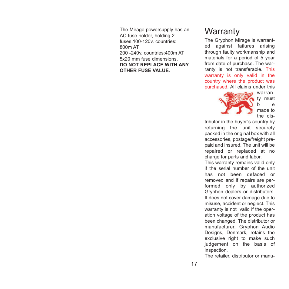 Warranty | Gryphon Mirage User Manual | Page 17 / 18