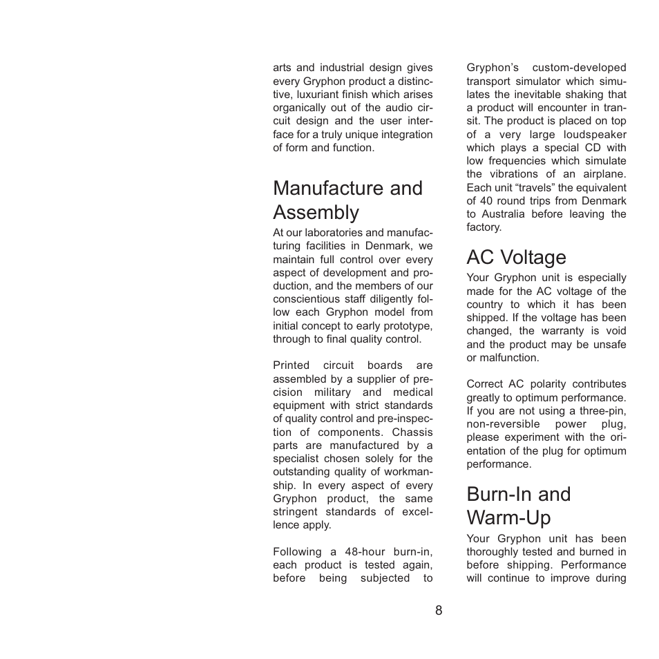 Manufacture and assembly, Ac voltage, Burn-in and warm-up | Gryphon Mirage User Manual | Page 8 / 18