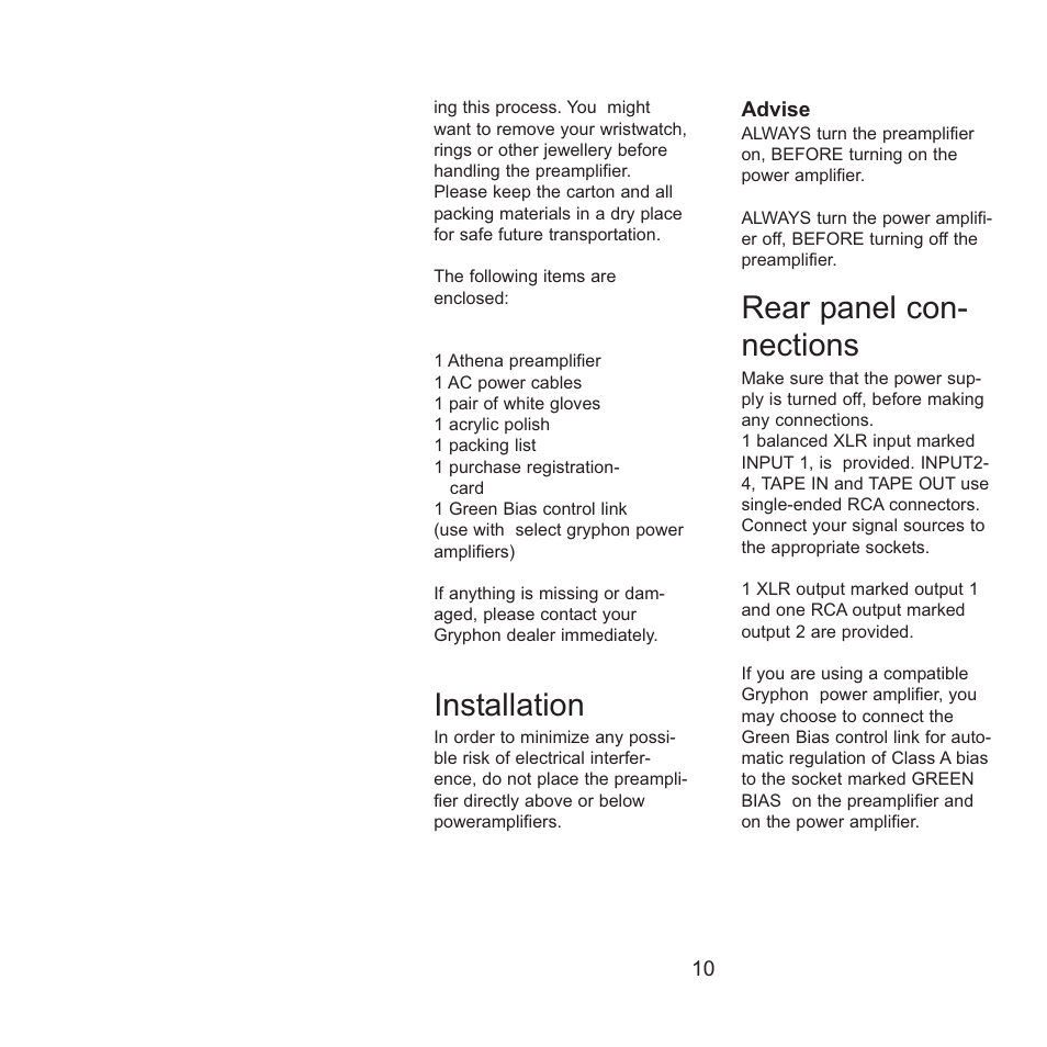 Installation, Rear panel con- nections | Gryphon Athena User Manual | Page 10 / 17