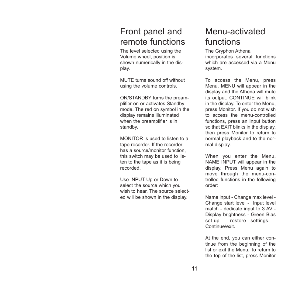 Front panel and remote functions, Menu-activated functions | Gryphon Athena User Manual | Page 11 / 17