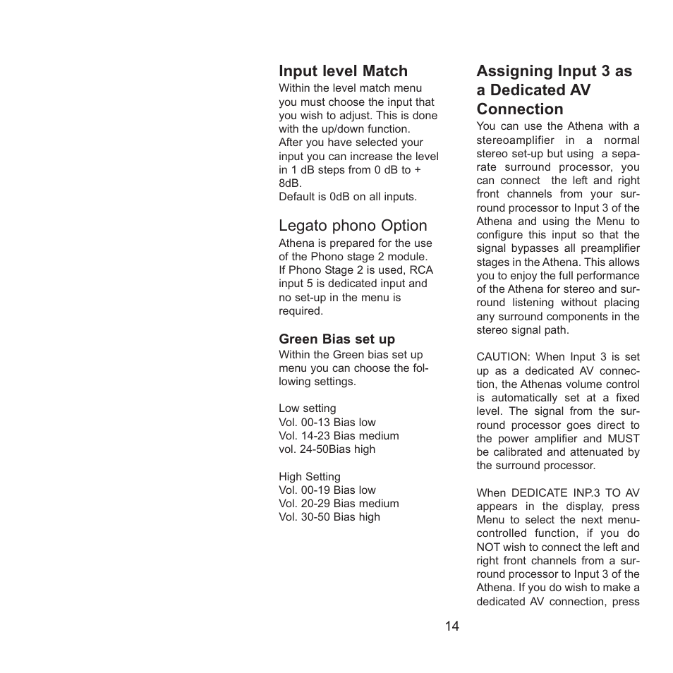 Input level match, Legato phono option, Assigning input 3 as a dedicated av connection | Gryphon Athena User Manual | Page 14 / 17