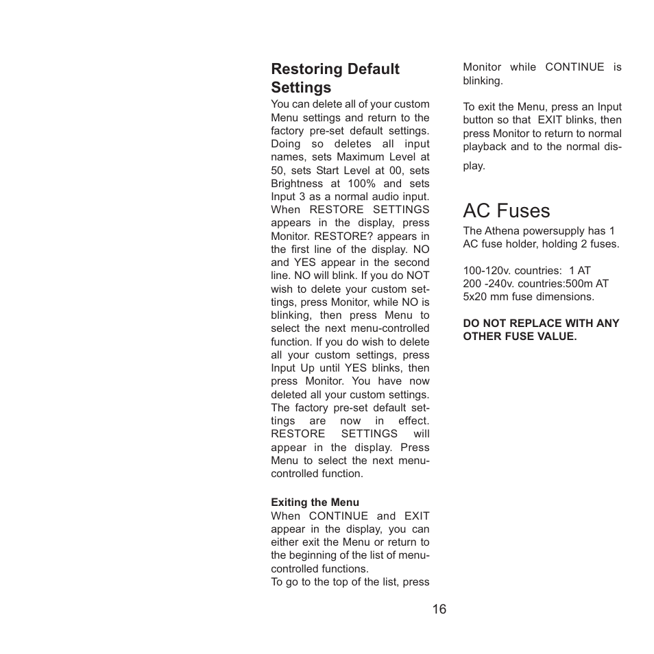 Ac fuses, Restoring default settings | Gryphon Athena User Manual | Page 16 / 17