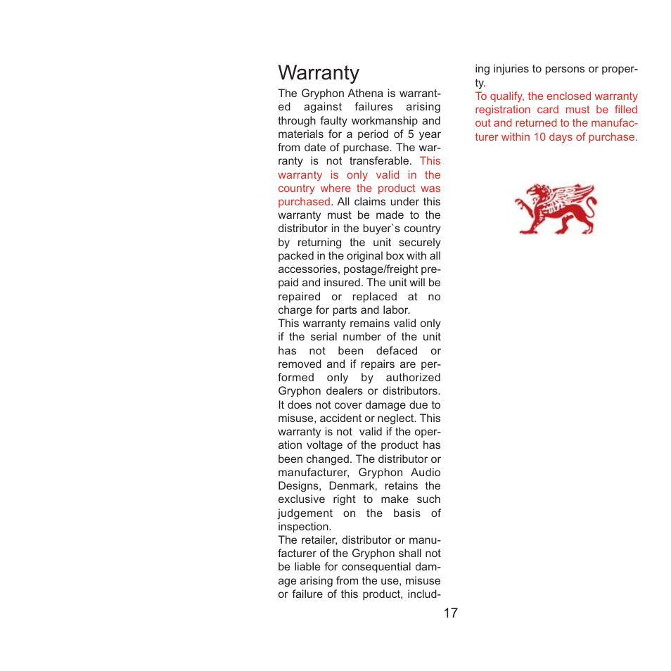 Warranty | Gryphon Athena User Manual | Page 17 / 17