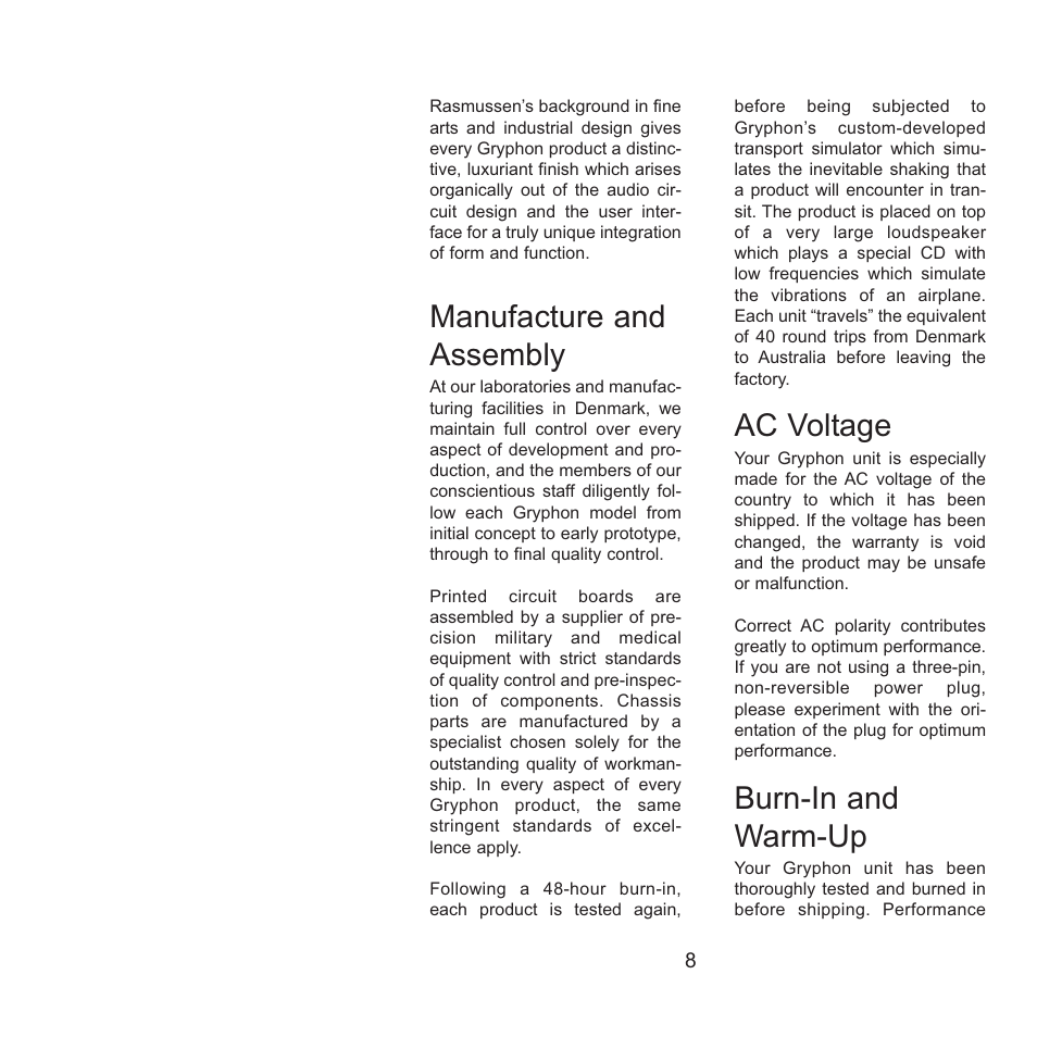 Manufacture and assembly, Ac voltage, Burn-in and warm-up | Gryphon Athena User Manual | Page 8 / 17